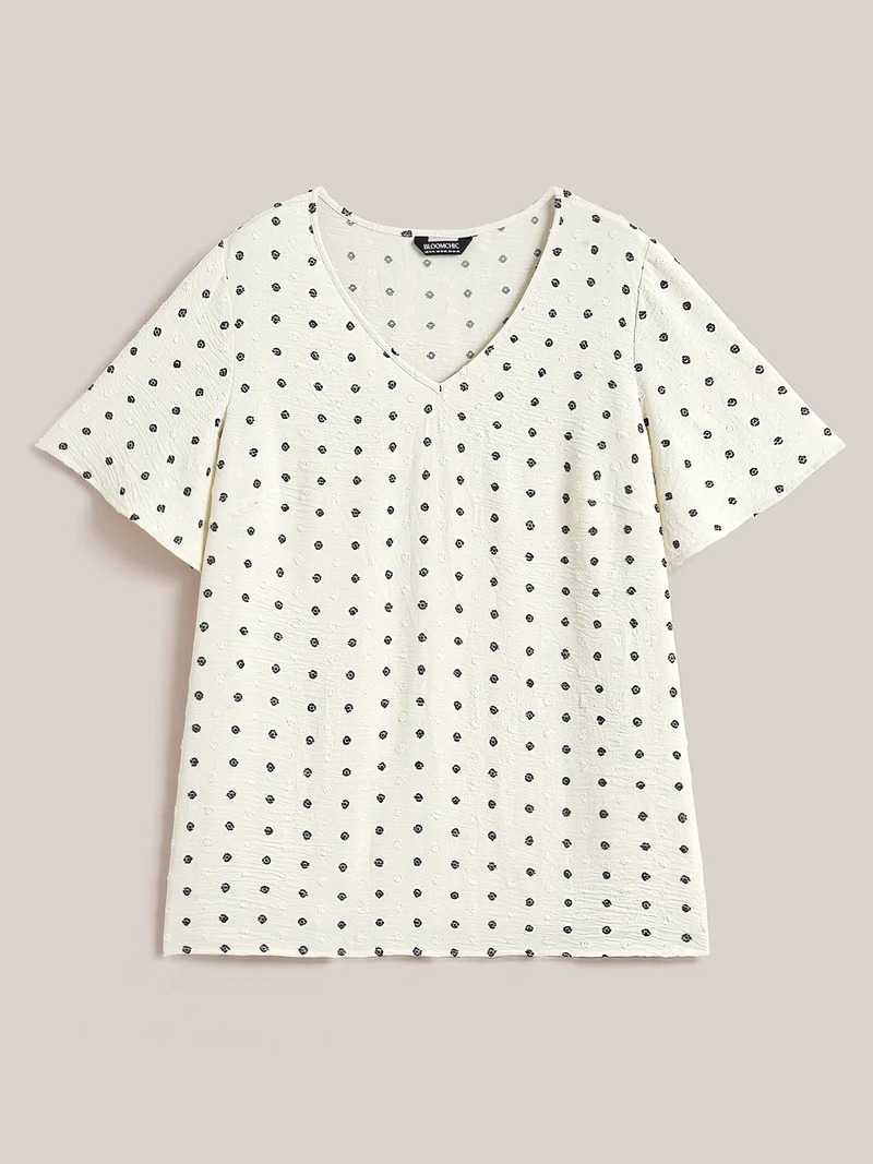 Textured Polka Dot Print Flared Sleeve Shirt