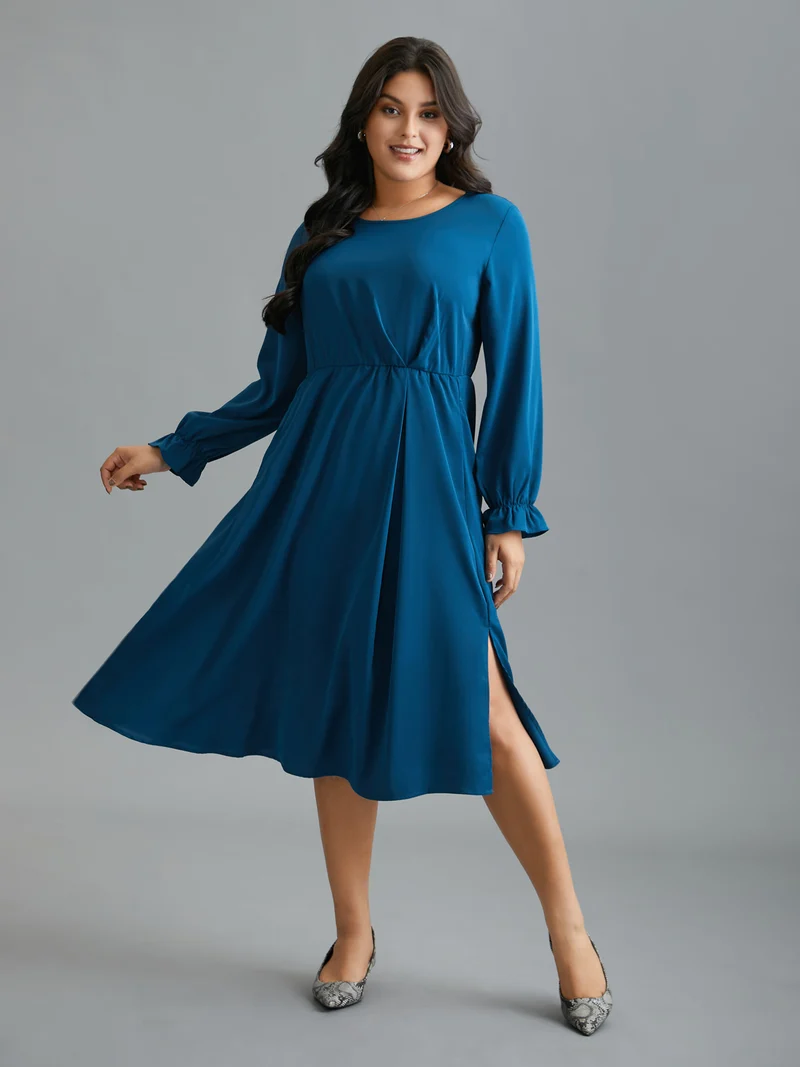 Ruffle Cuff Elastic Waist Split Hem Dress