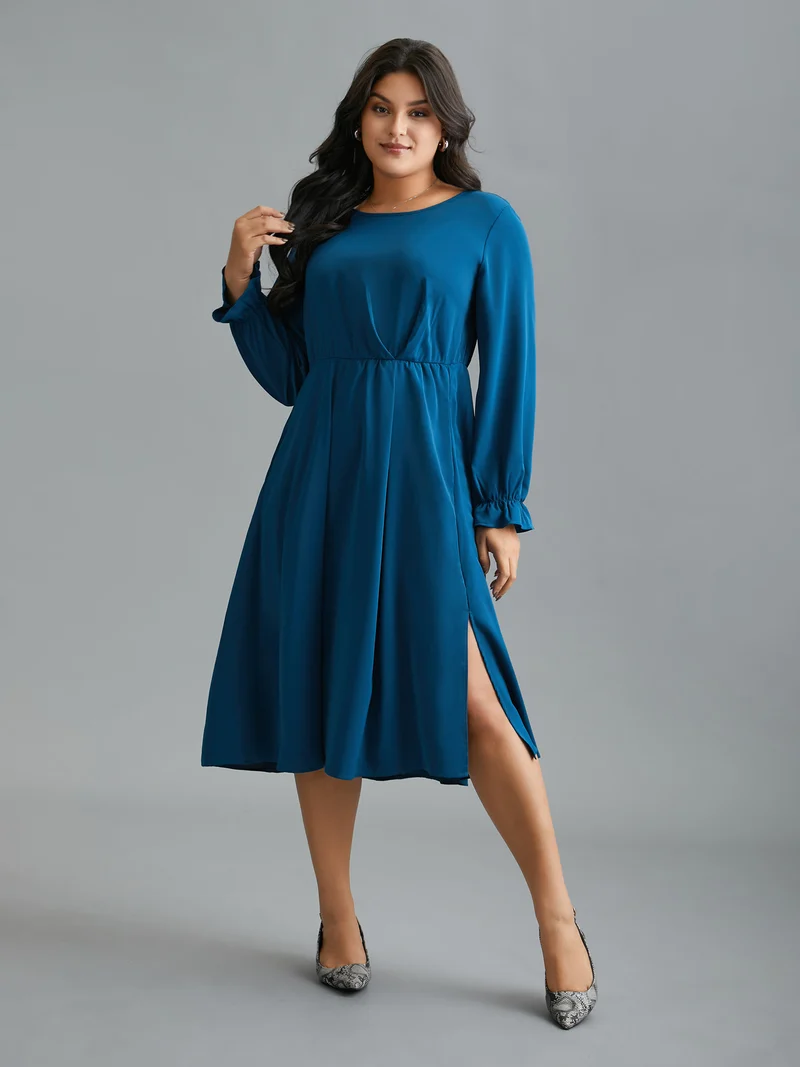 Ruffle Cuff Elastic Waist Split Hem Dress