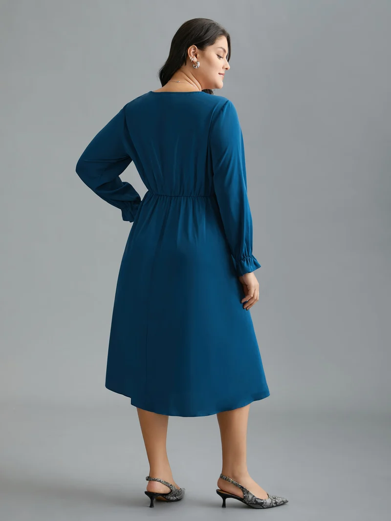 Ruffle Cuff Elastic Waist Split Hem Dress