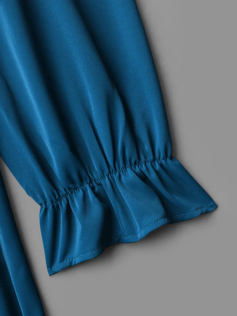 Ruffle Cuff Elastic Waist Split Hem Dress
