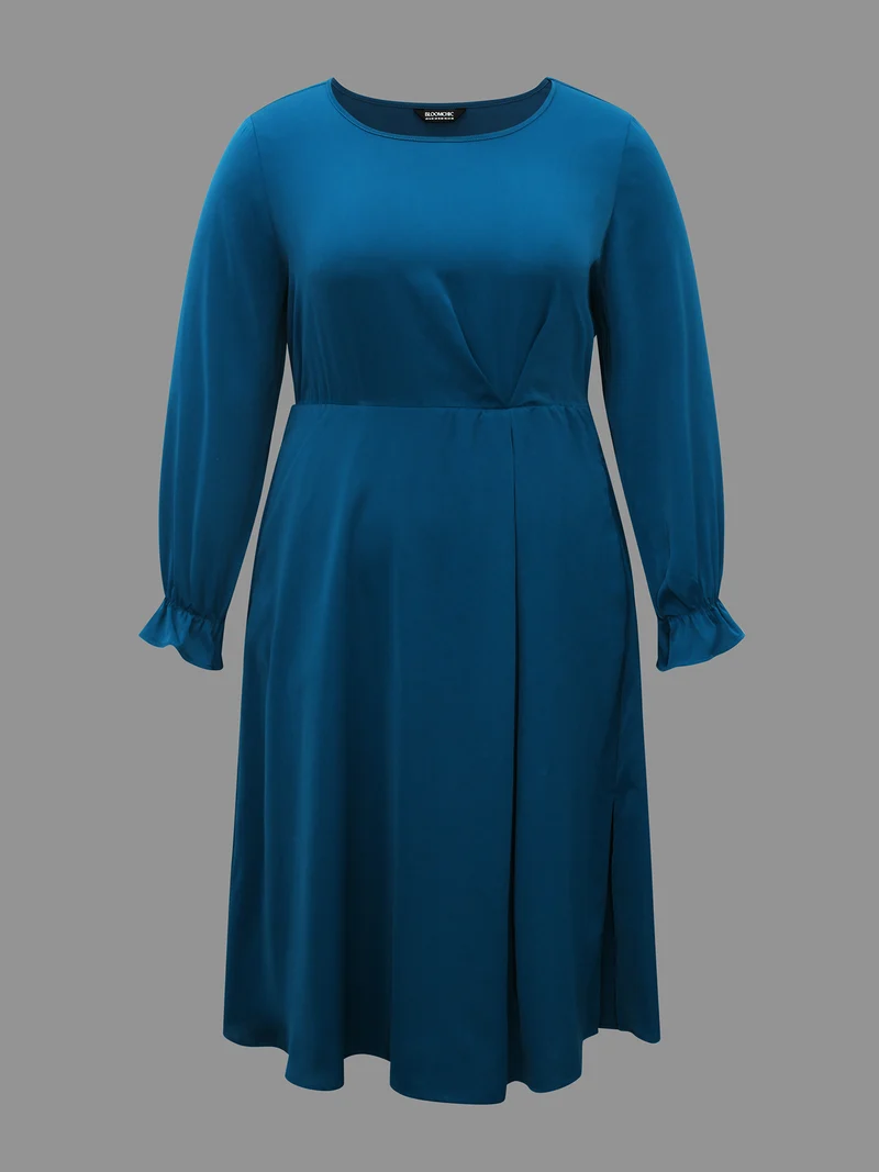 Ruffle Cuff Elastic Waist Split Hem Dress