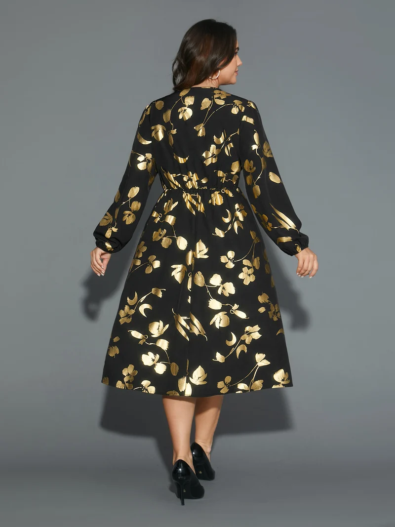 Glitter Silhouette Floral Print Elastic Waist Dress