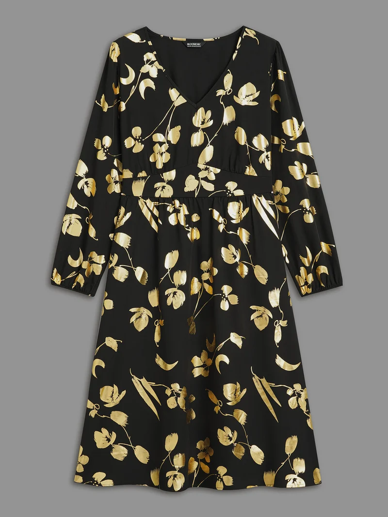 Glitter Silhouette Floral Print Elastic Waist Dress