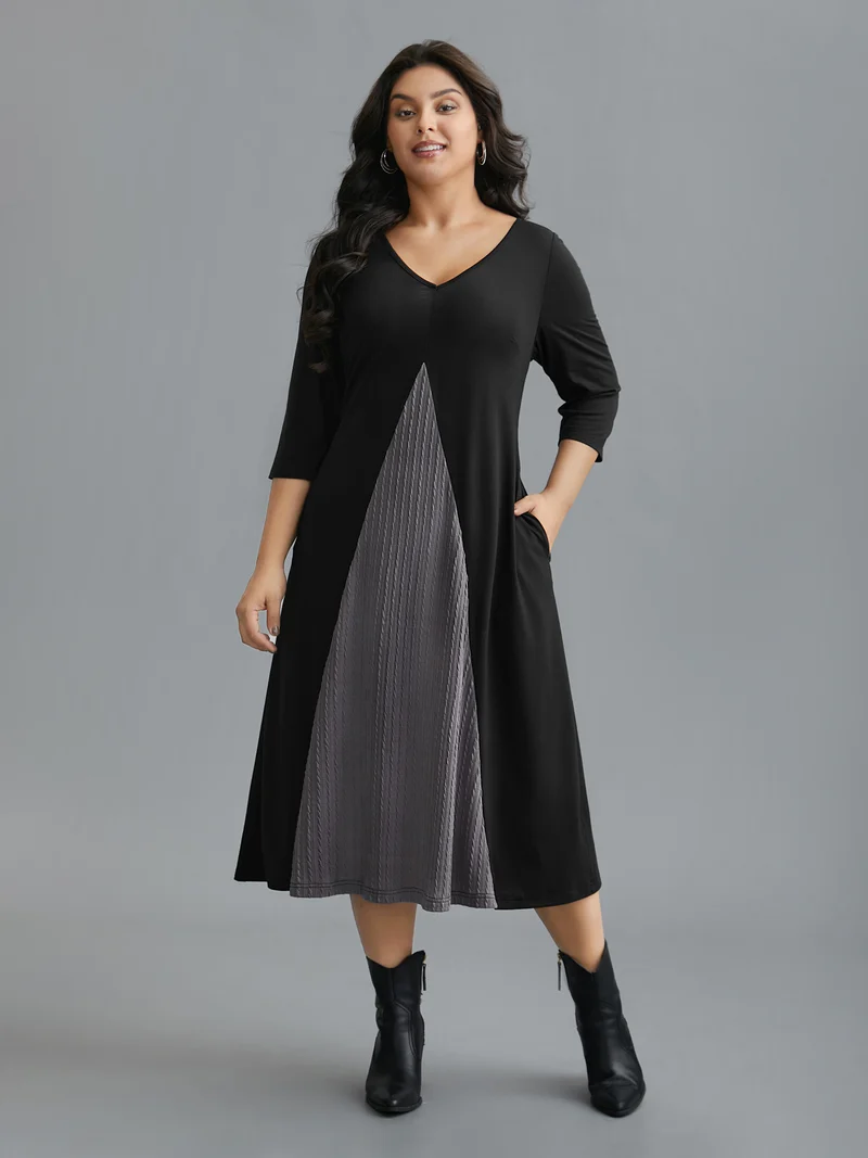 V Neck Textured Patchwork Midi Dress