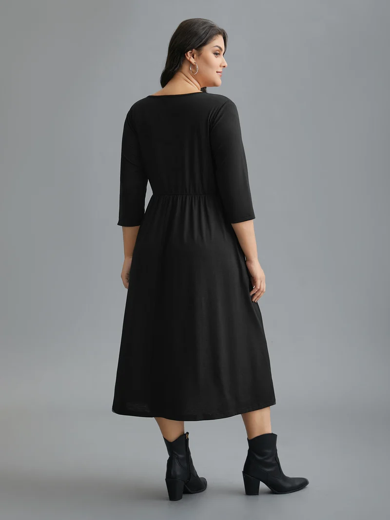V Neck Textured Patchwork Midi Dress