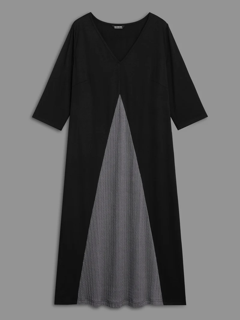 V Neck Textured Patchwork Midi Dress