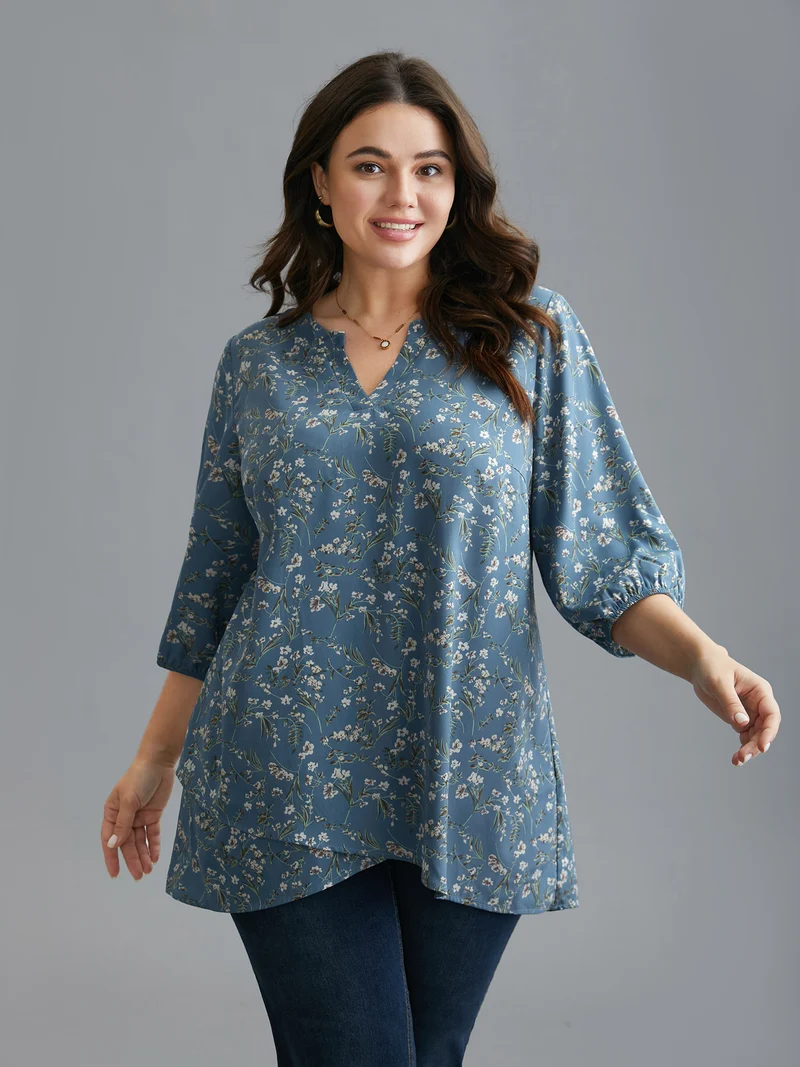 Floral Asymmetrical Hem Elastic Cuff Blouse