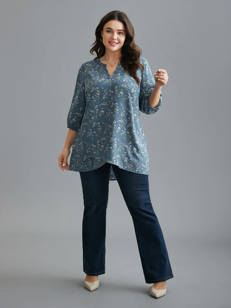 Floral Asymmetrical Hem Elastic Cuff Blouse