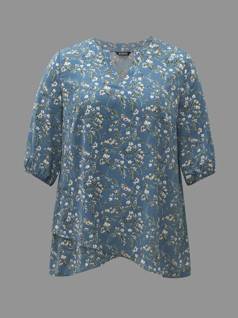 Floral Asymmetrical Hem Elastic Cuff Blouse
