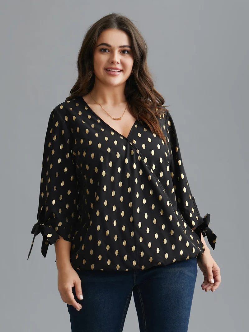 Glitter Overlap Collar Tie Knot Blouse