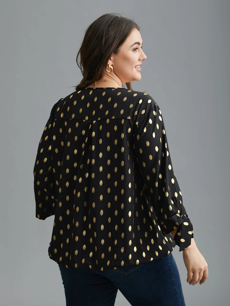 Glitter Overlap Collar Tie Knot Blouse