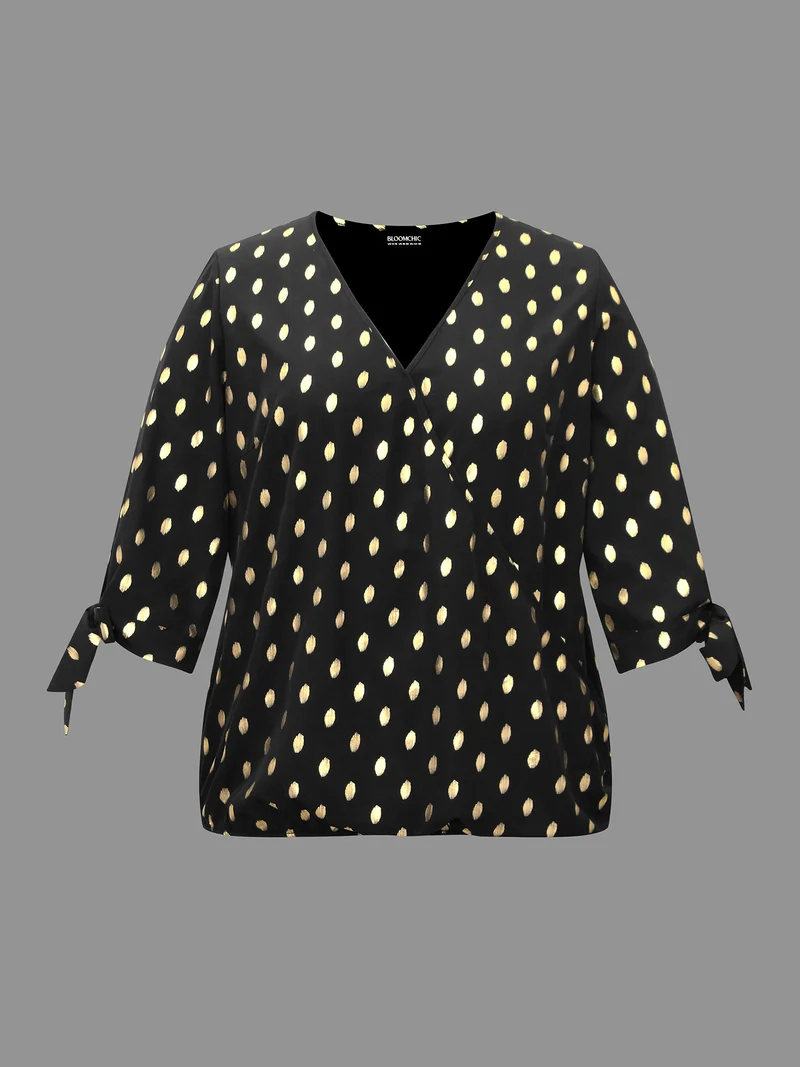 Glitter Overlap Collar Tie Knot Blouse