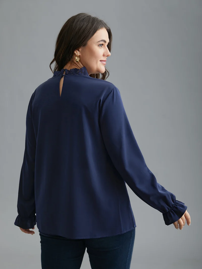 Lace Cut-Out Sheer Stand Collar Blouse