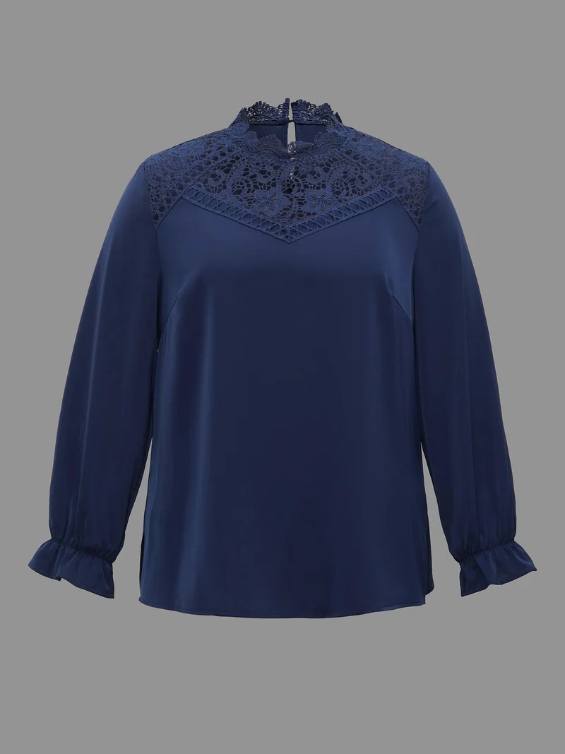Lace Cut-Out Sheer Stand Collar Blouse