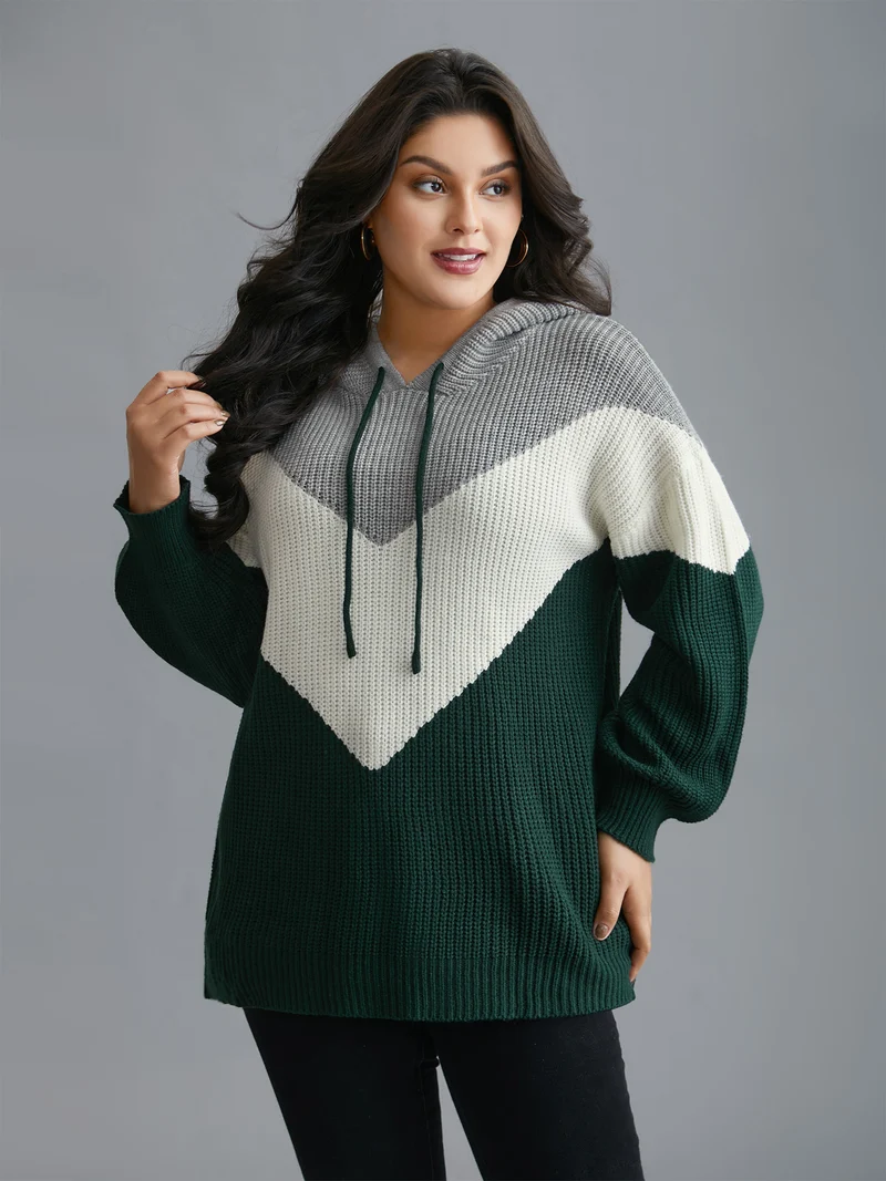 Hooded Color Contrast Drop Shoulder Pullover