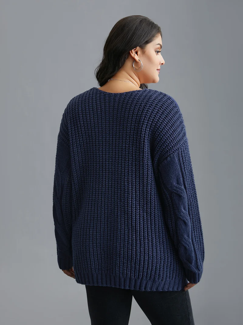 Cable Knit V-Neck Drop Shoulder Pullover