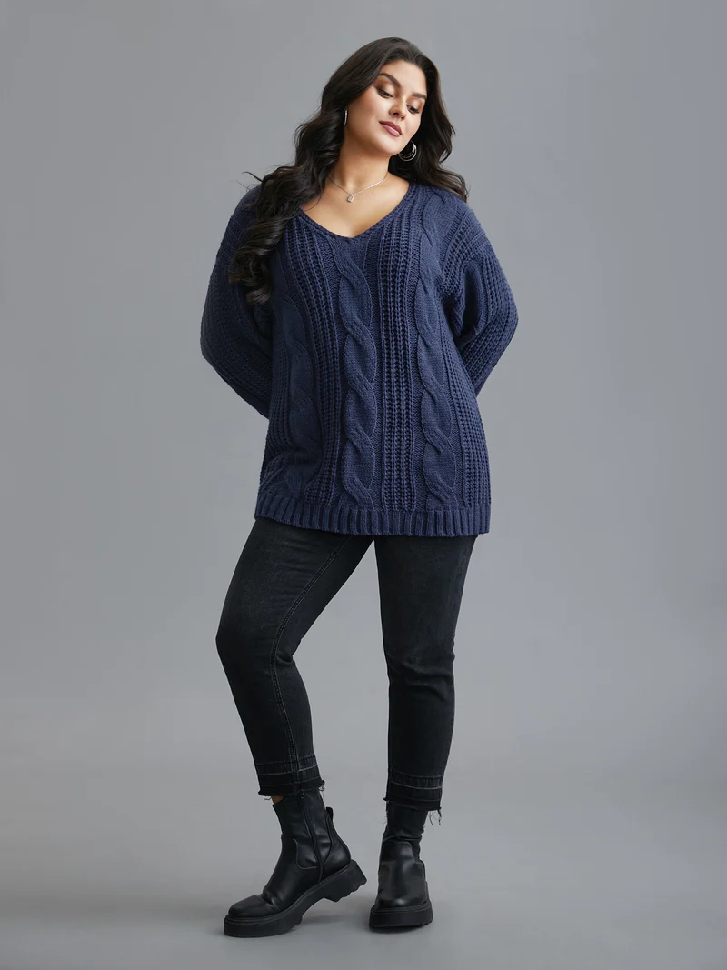 Cable Knit V-Neck Drop Shoulder Pullover
