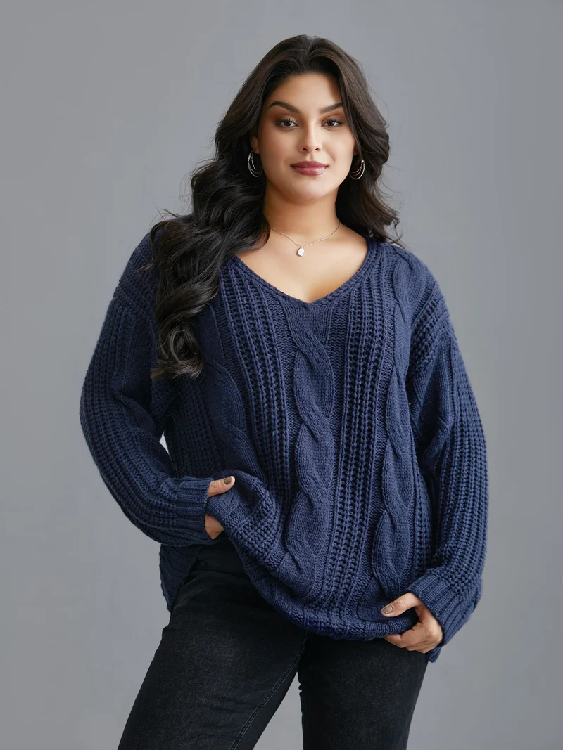 Cable Knit V-Neck Drop Shoulder Pullover