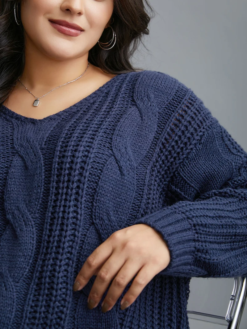 Cable Knit V-Neck Drop Shoulder Pullover
