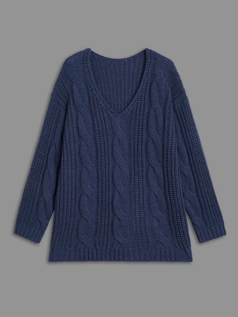 Cable Knit V-Neck Drop Shoulder Pullover