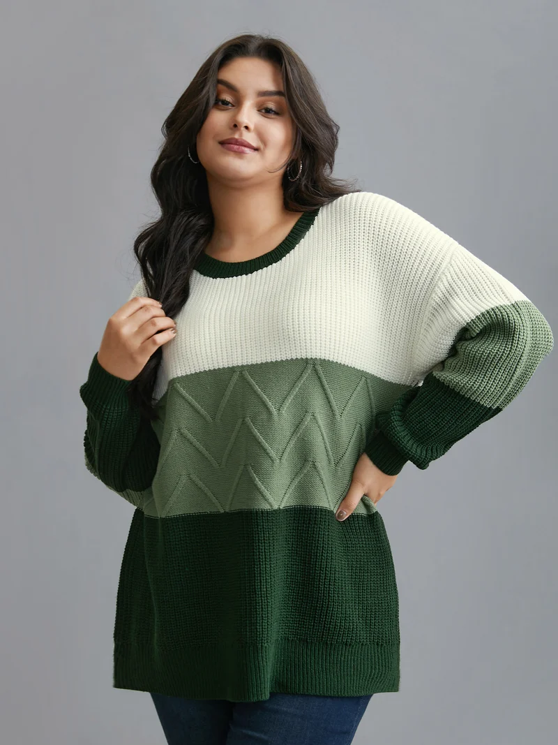 Textured Color Block Round Neck Pullover