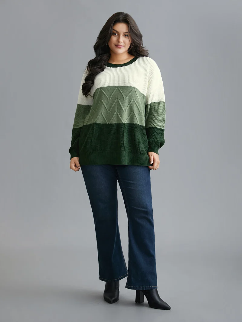 Textured Color Block Round Neck Pullover