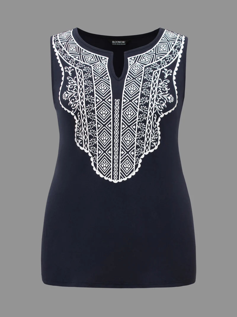 Geometric Printed Notched Collar Slim-Fit Tank Top