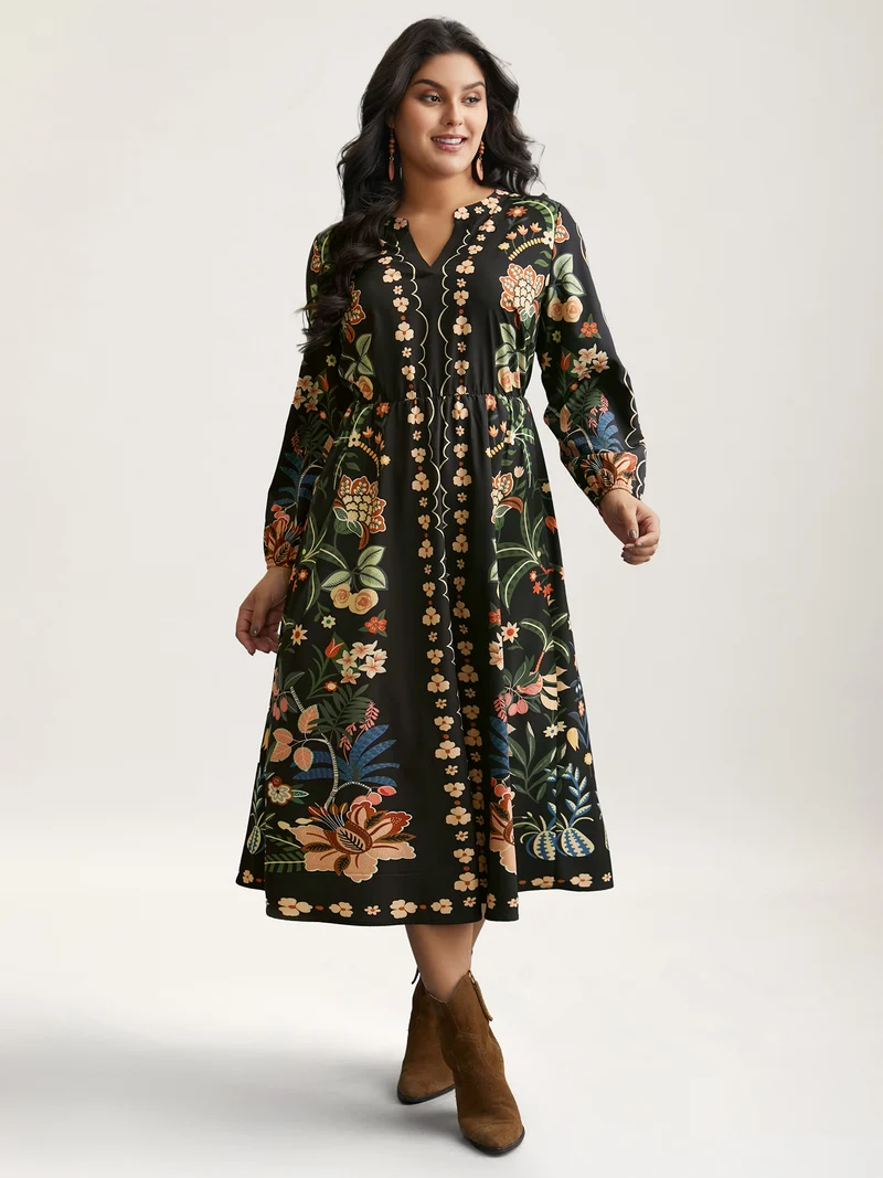 Floral Print Notched Collar Elastic Waist Dress