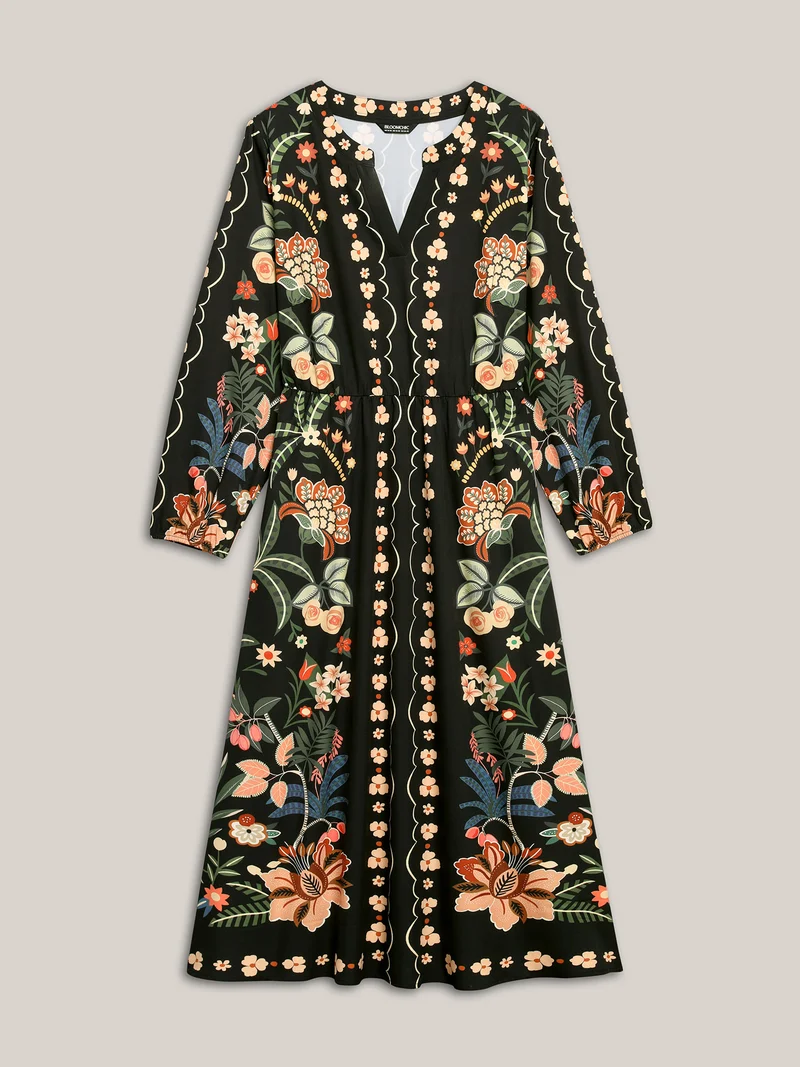 Floral Print Notched Collar Elastic Waist Dress