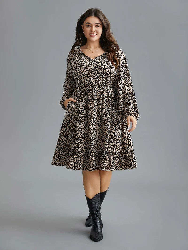 Leopard Print Tiered Hem Pockets Midi Dress
