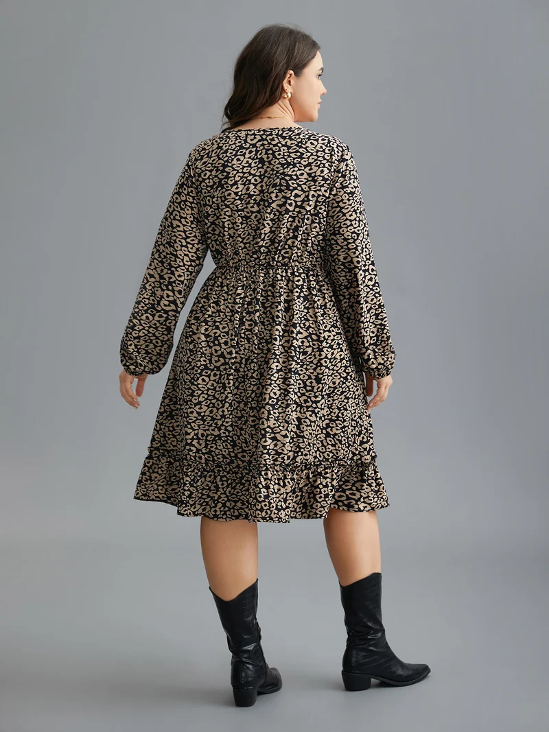 Leopard Print Tiered Hem Pockets Midi Dress