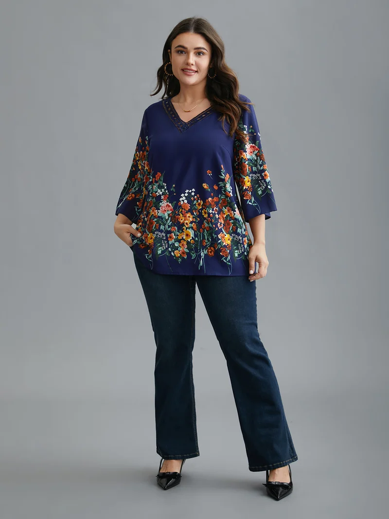 Floral V Neck Cut-Out Lace Blouse