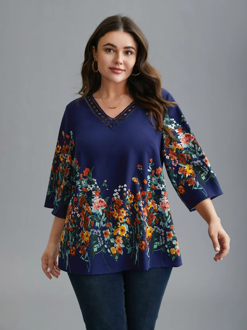 Floral V Neck Cut-Out Lace Blouse