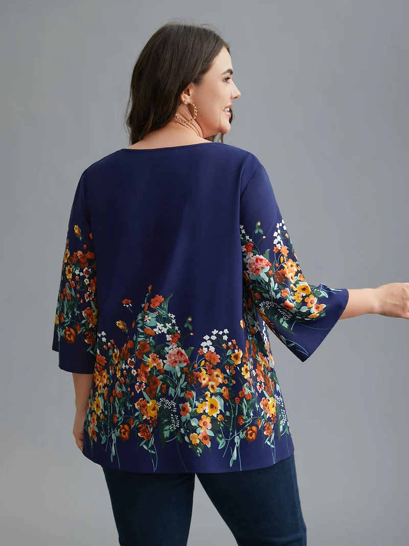 Floral V Neck Cut-Out Lace Blouse