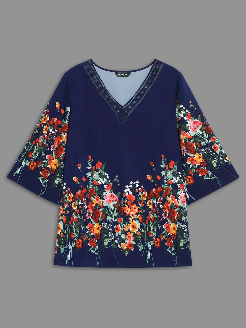 Floral V Neck Cut-Out Lace Blouse