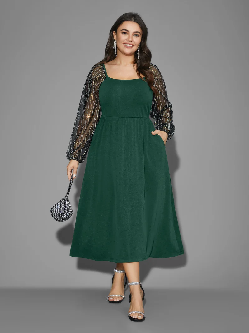 Square Neck Patchwork Sequin Mesh Dress