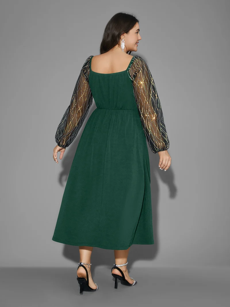 Square Neck Patchwork Sequin Mesh Dress