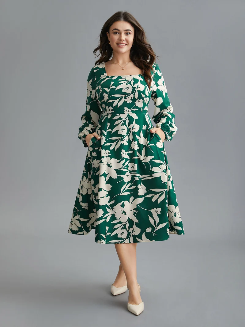 Floral Square Neck Elastic Waist Midi Dress