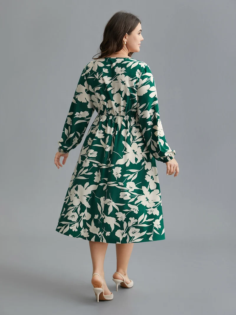 Floral Square Neck Elastic Waist Midi Dress