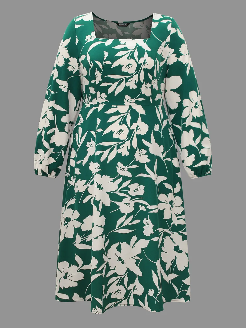 Floral Square Neck Elastic Waist Midi Dress