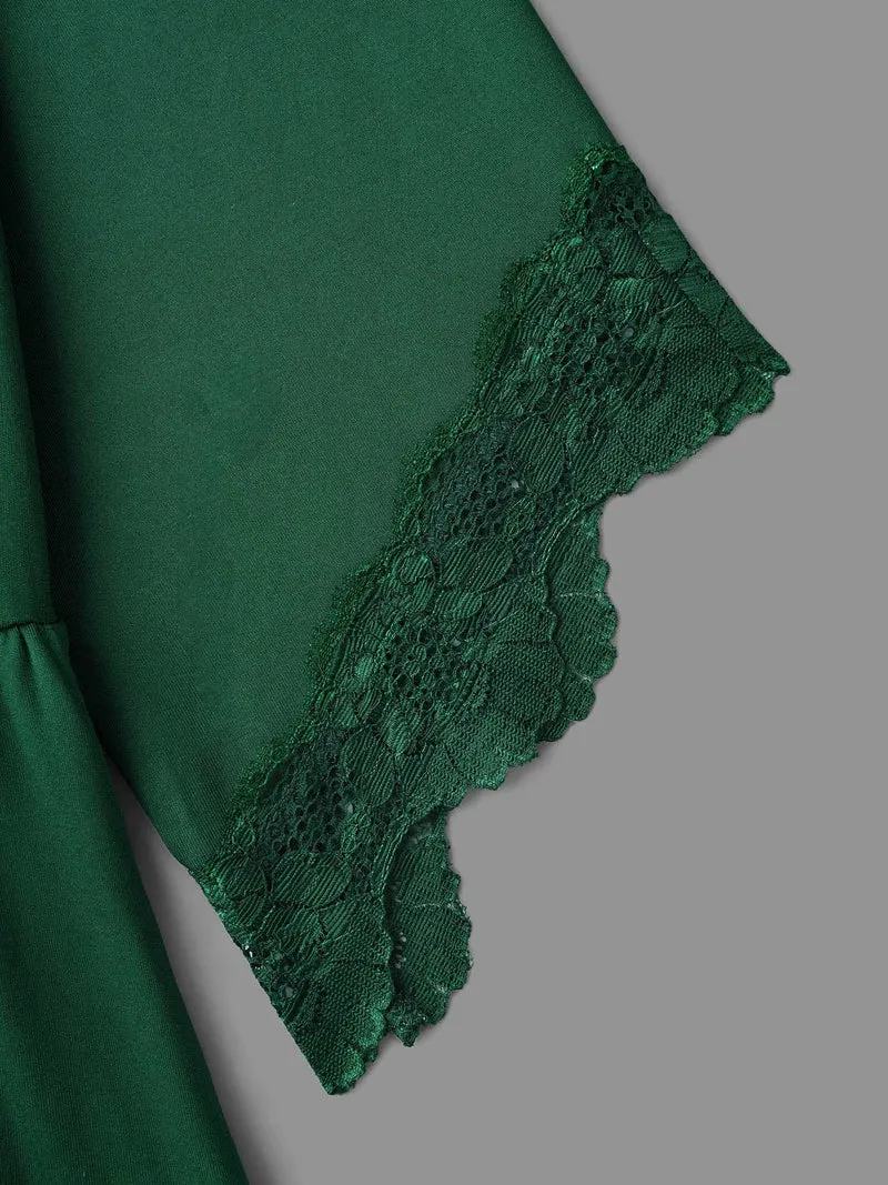Lace Patchwork Pockets Ruffle Sleeve Dress
