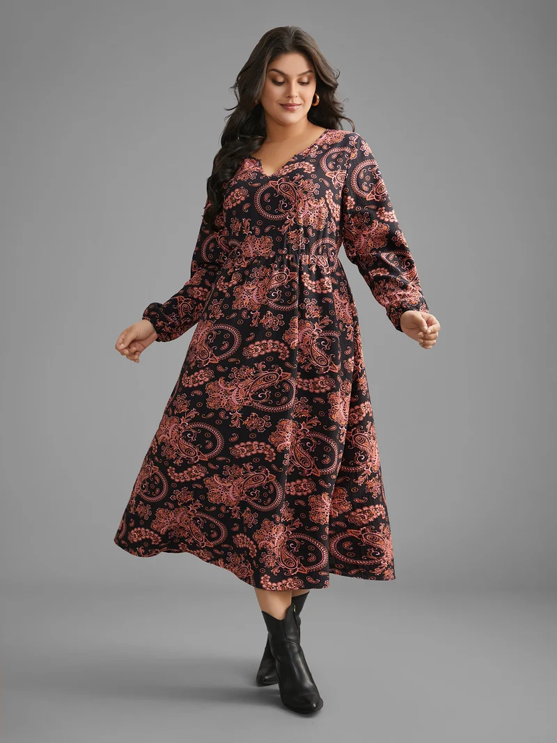 Boho Print Notched Collar Lantern Sleeve Dress
