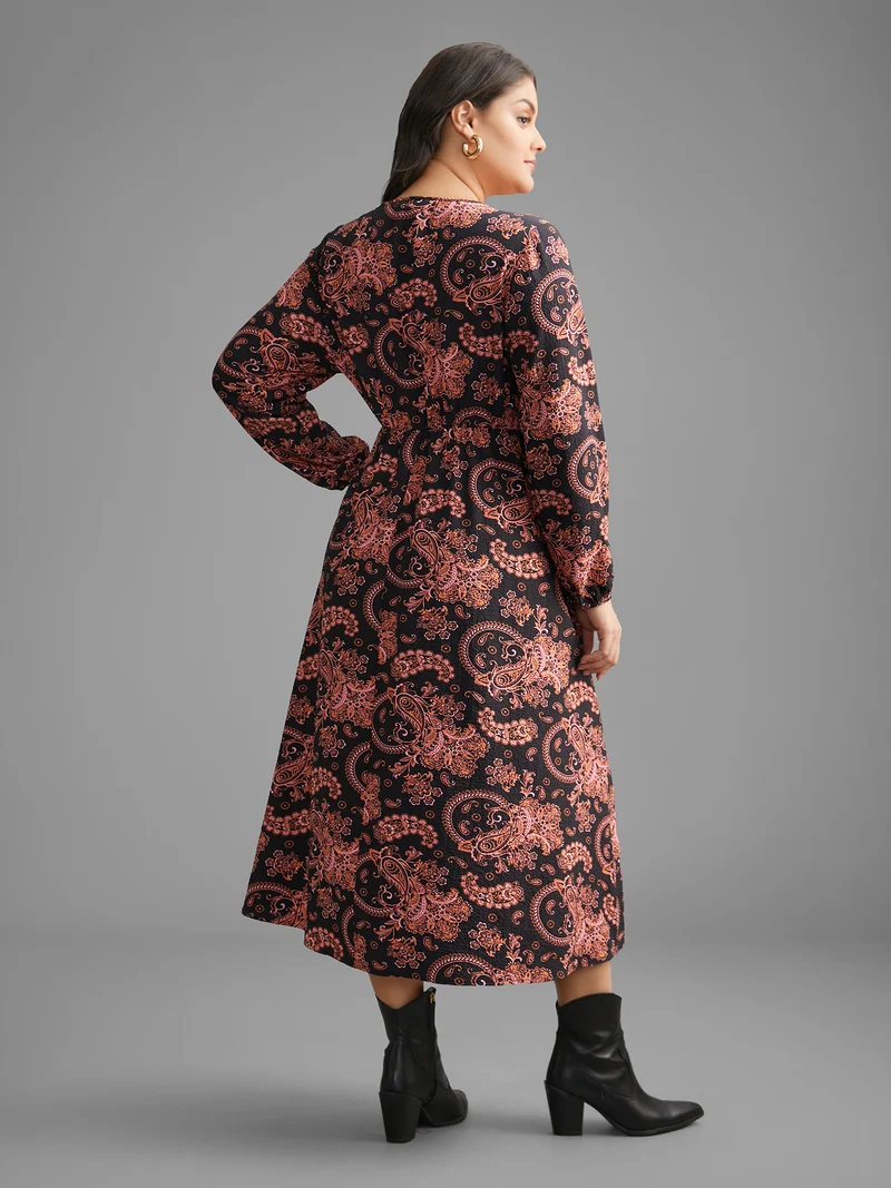 Boho Print Notched Collar Lantern Sleeve Dress