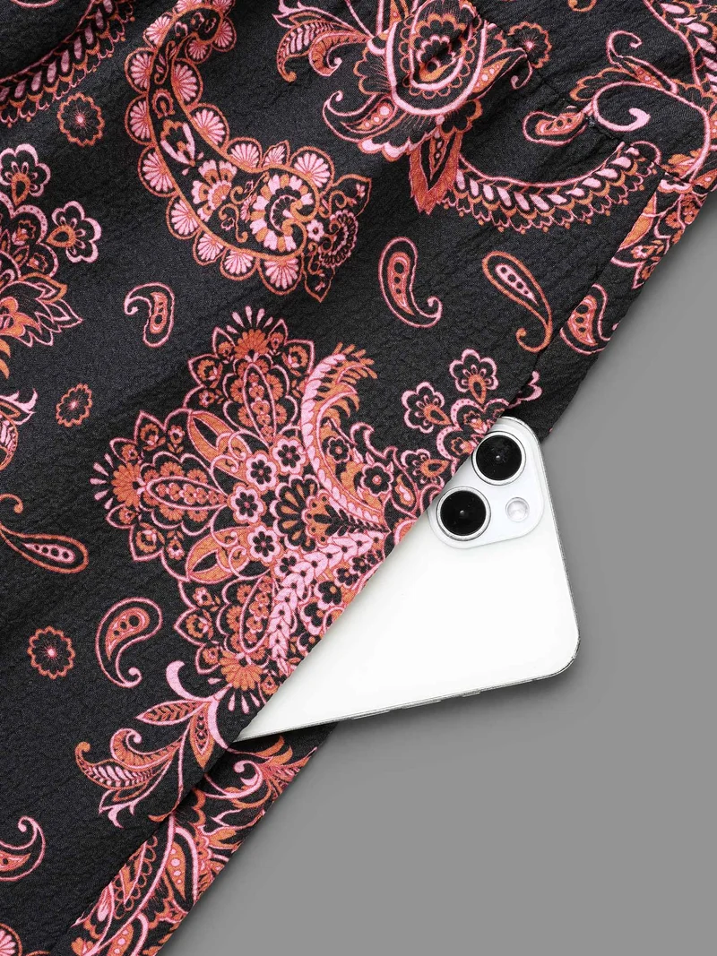 Boho Print Notched Collar Lantern Sleeve Dress