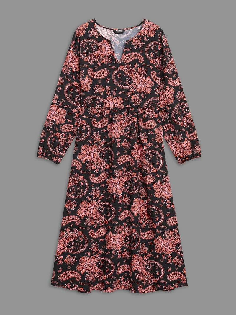 Boho Print Notched Collar Lantern Sleeve Dress