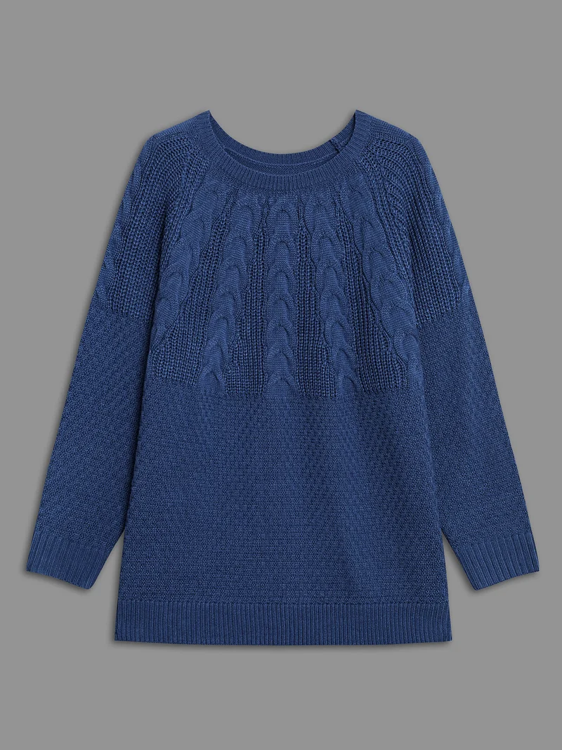 Cable Knit Raglan Sleeve Round Neck Pullover