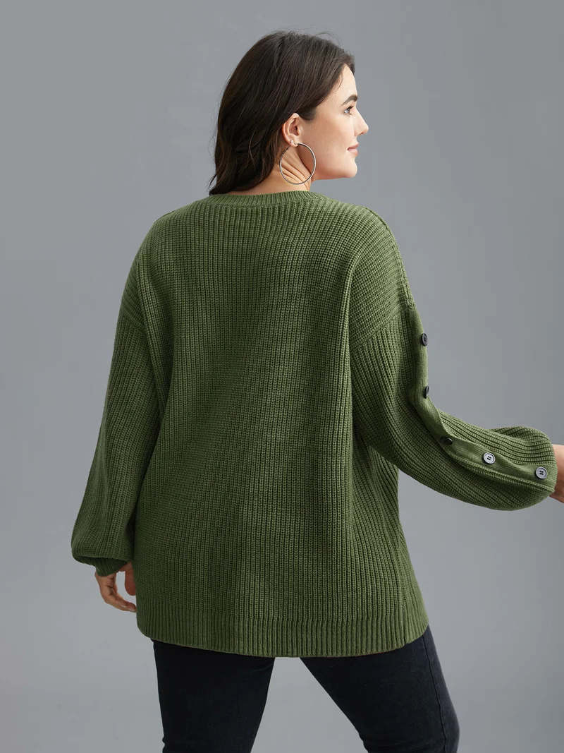 Textured Drop Shoulder Button Detailing Pullover