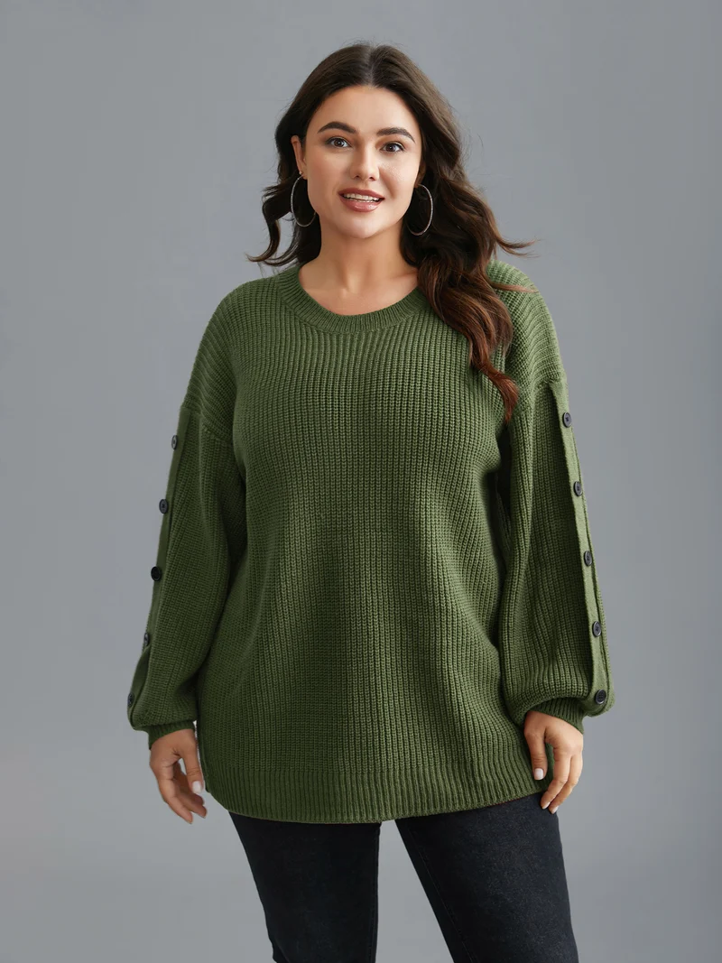 Textured Drop Shoulder Button Detailing Pullover