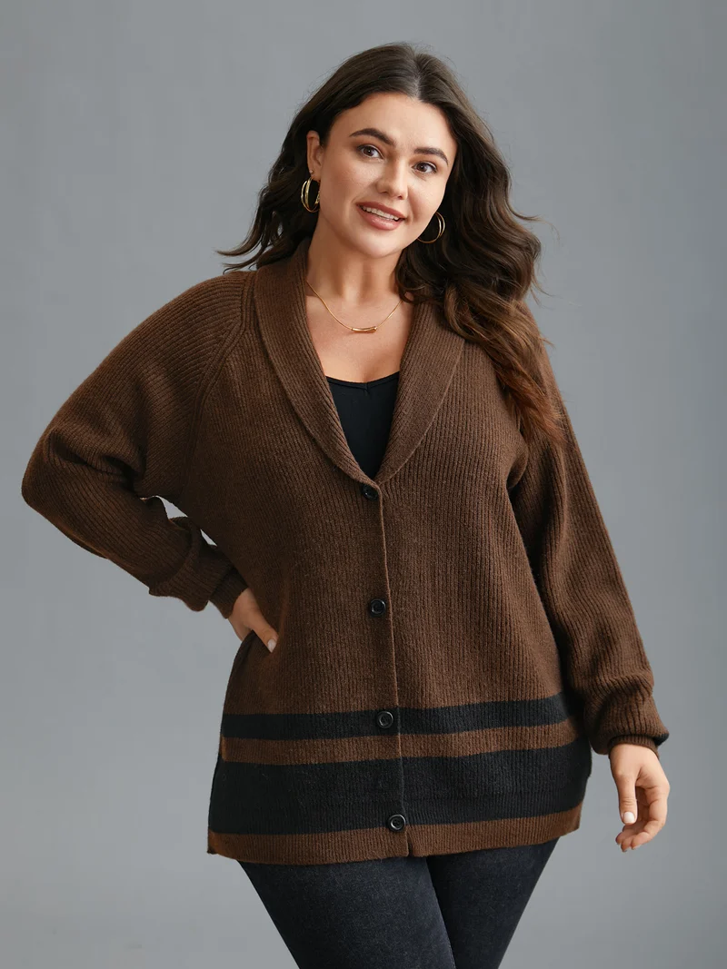 Collared Button Front Striped Hem Knit Cardigan